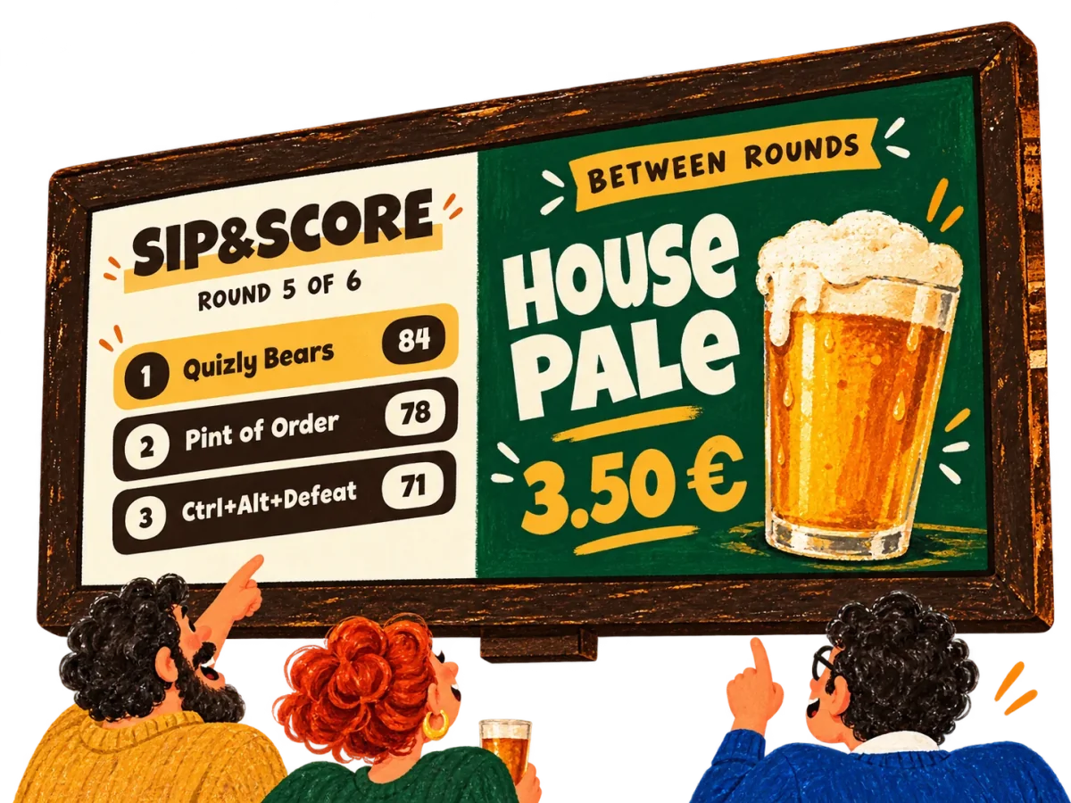 Illustrated pub TV showing quiz standings beside a house pale ale offer while guests watch
